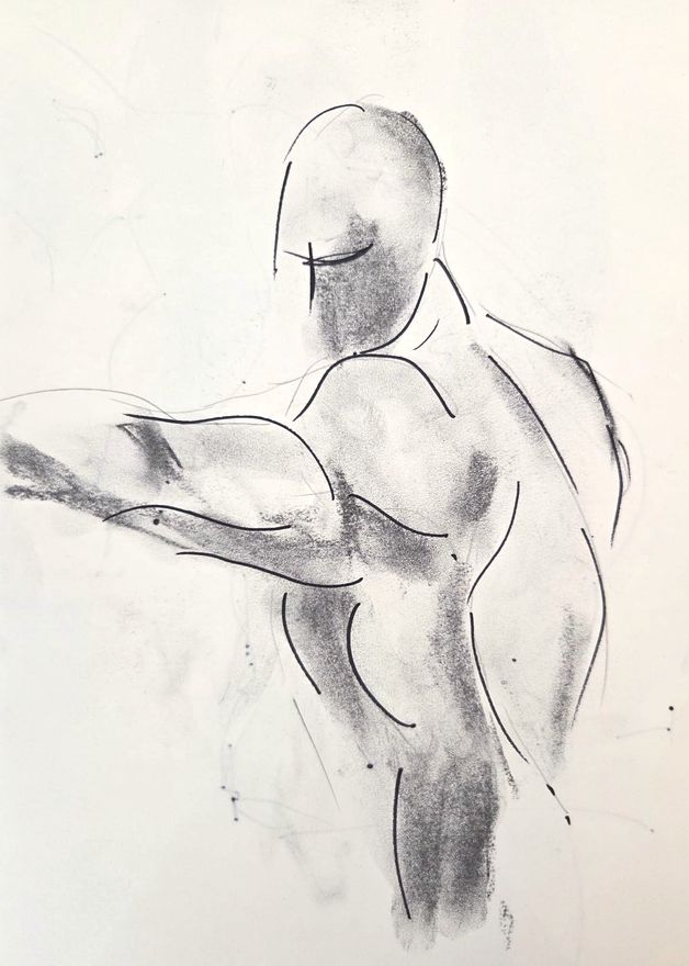 Life drawing of a standing or seated nude male figure, made from life in charcoal and ink.