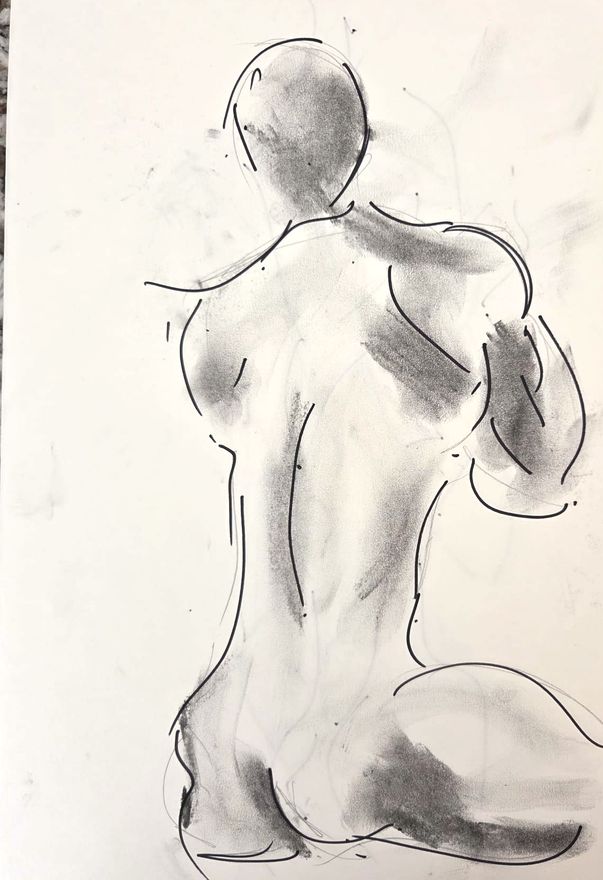 Life drawing of a standing or seated nude male figure, made from life in charcoal and ink.