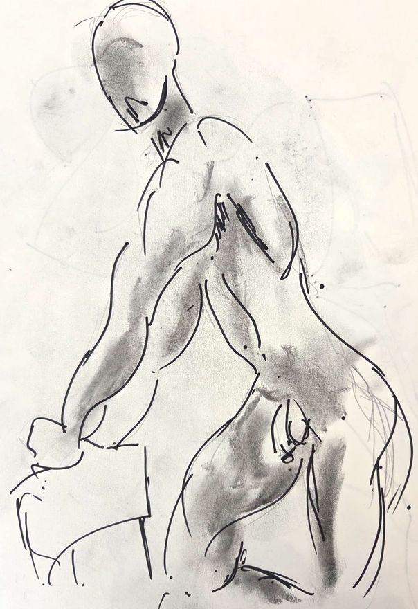 Life drawing of a standing or seated nude male figure, made from life in charcoal and ink.