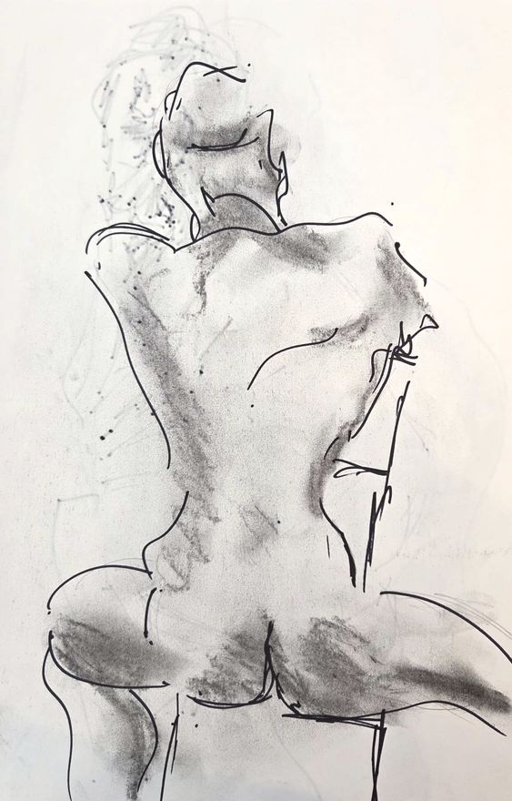 Life drawing of a standing or seated nude male figure, made from life in charcoal and ink.