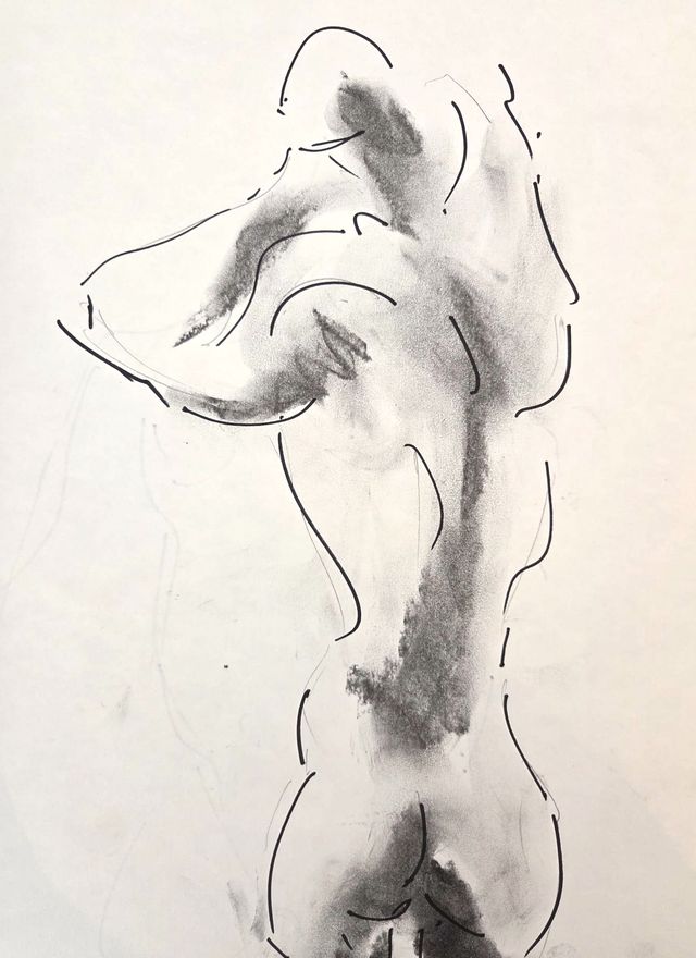 Life drawing of a standing or seated nude male figure, made from life in charcoal and ink.