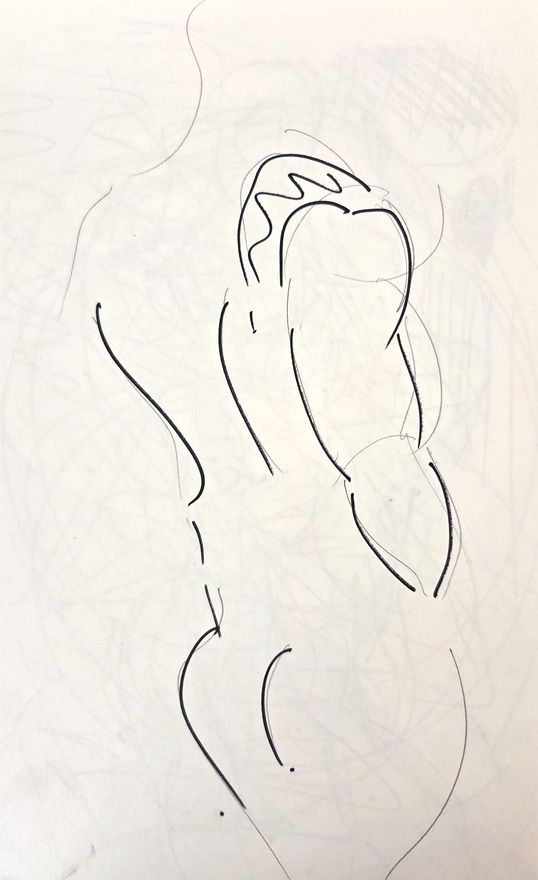 Life drawing of a standing or seated nude male figure, made from life in a sparse ink contour.