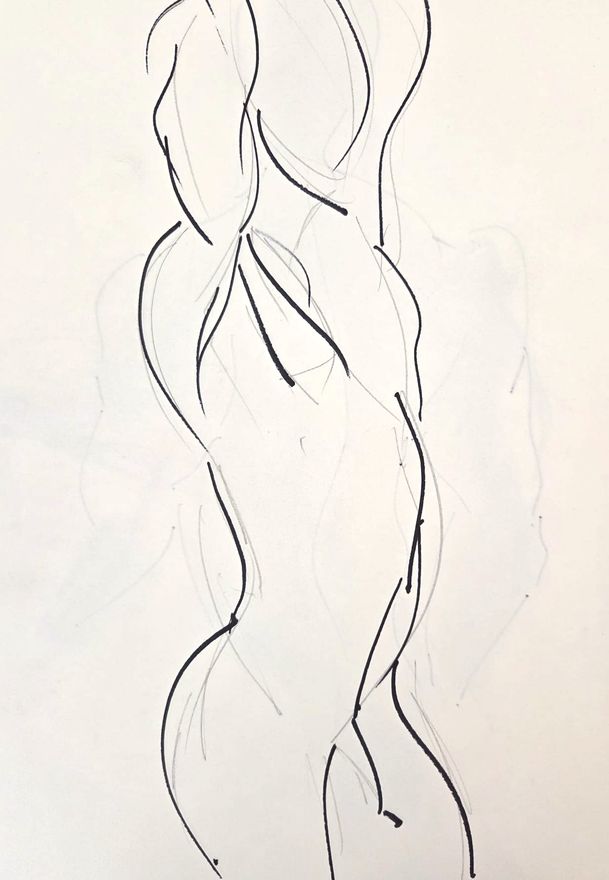 Life drawing of a standing or seated nude male figure, made from life in a sparse ink contour.