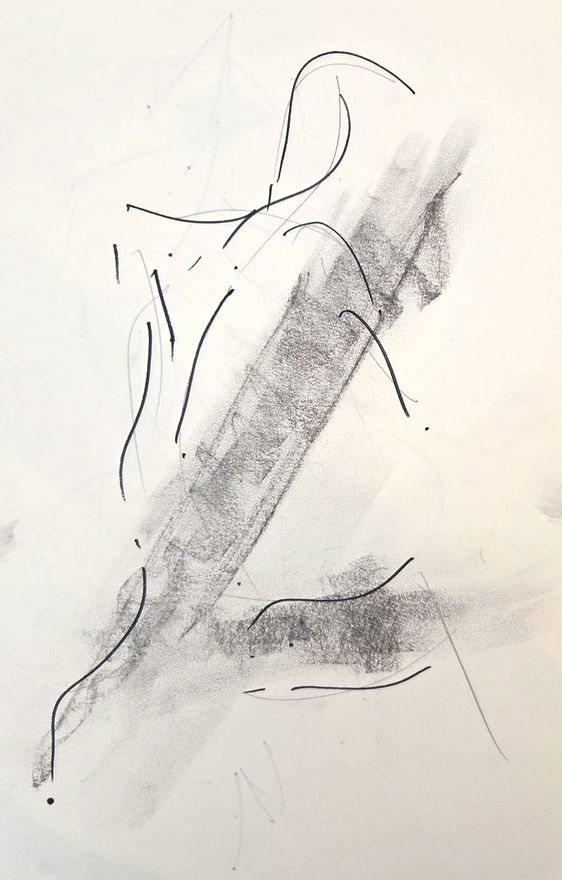 Life drawing of a standing or seated nude male figure, made from life in charcoal and ink.