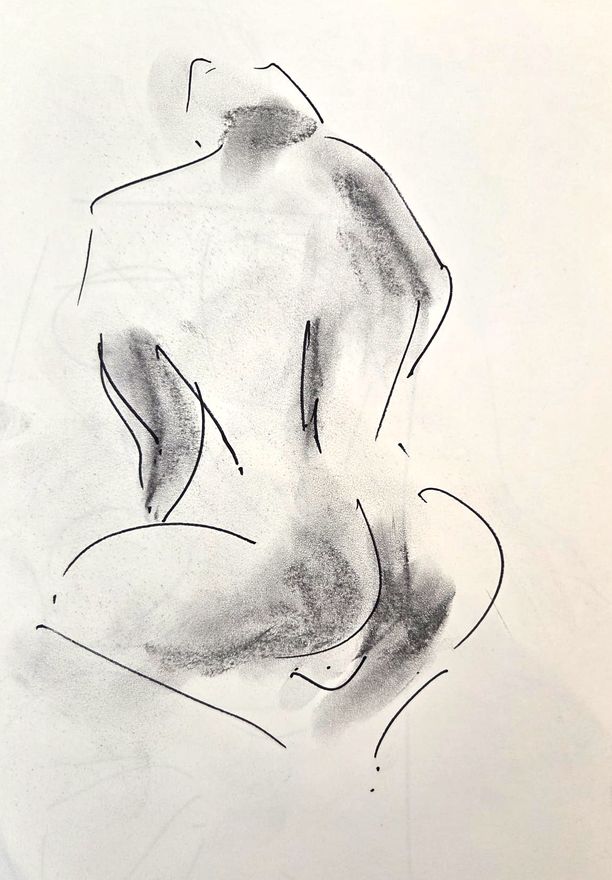 Life drawing of a standing or seated nude male figure, made from life in charcoal and ink.