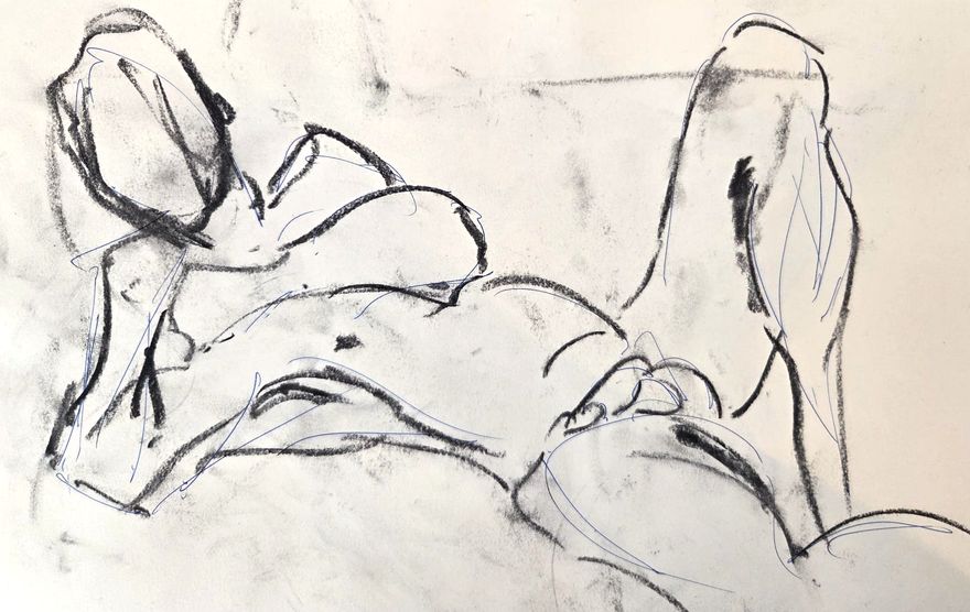 Life drawing of a reclining nude male figure, made from life in charcoal and ink.