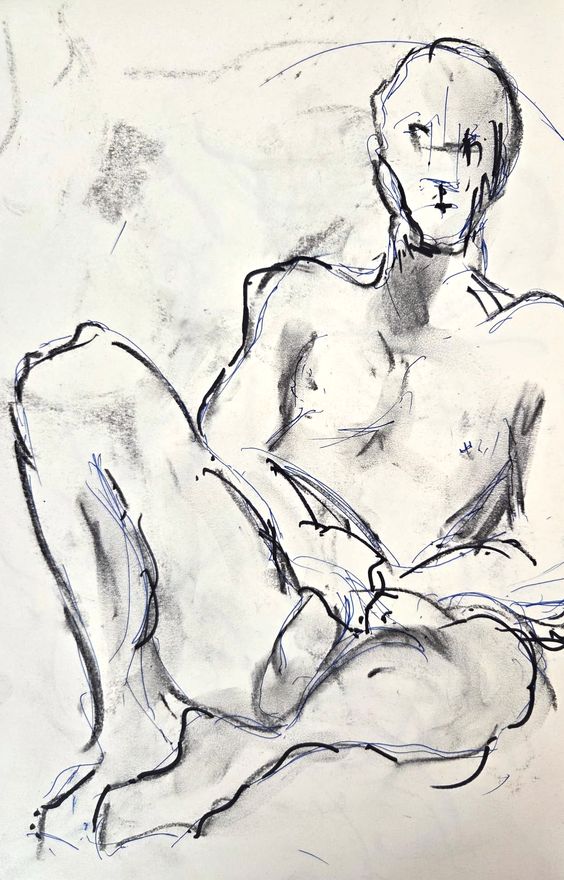 Life drawing of a standing or seated nude male figure, made from life in charcoal and ink.