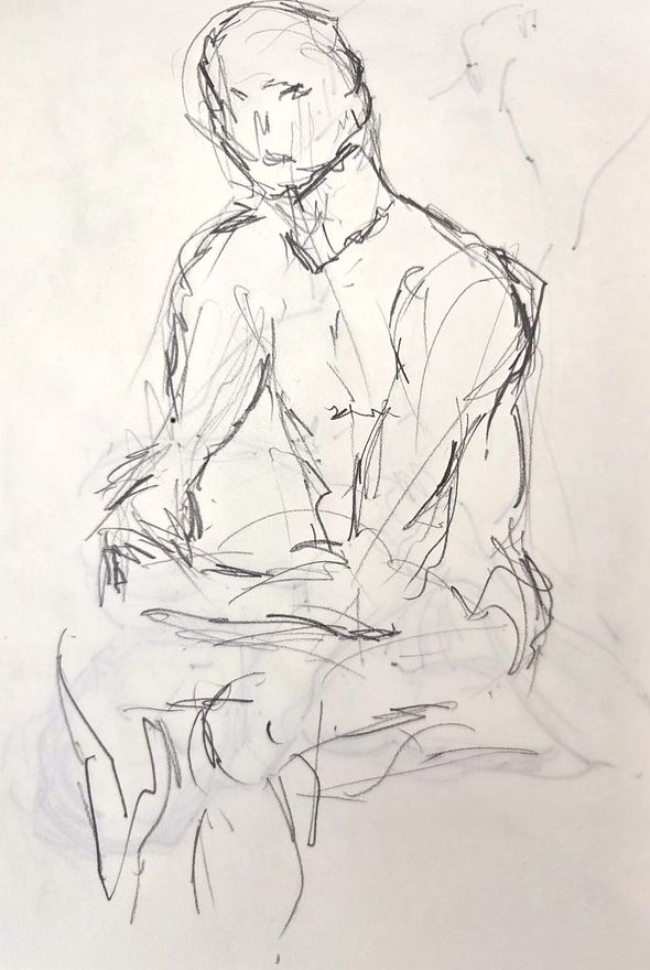 Life drawing of a standing or seated nude male figure, made from life in a sparse ink contour.