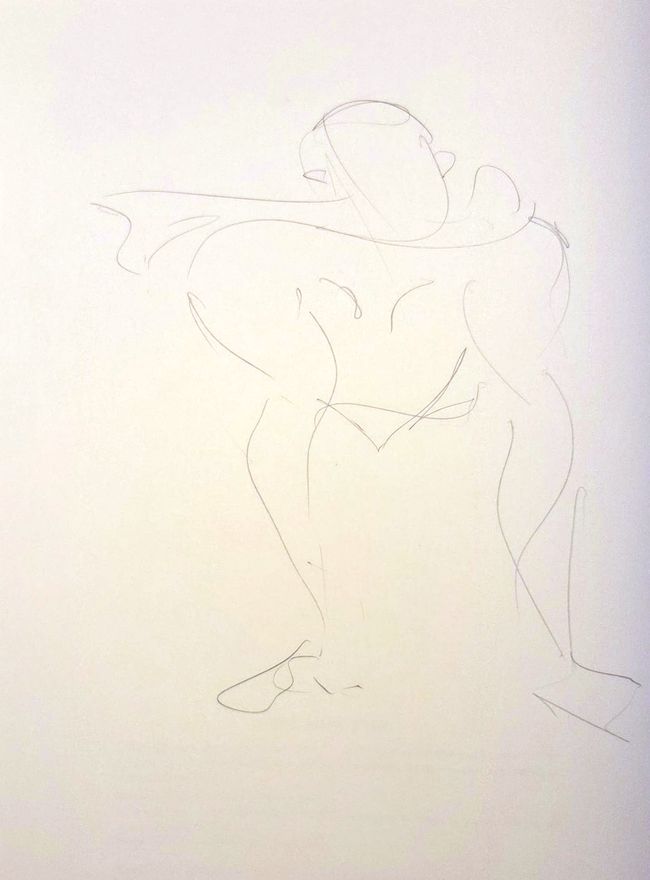 Life drawing of a standing or seated nude male figure, made from life in a sparse ink contour.
