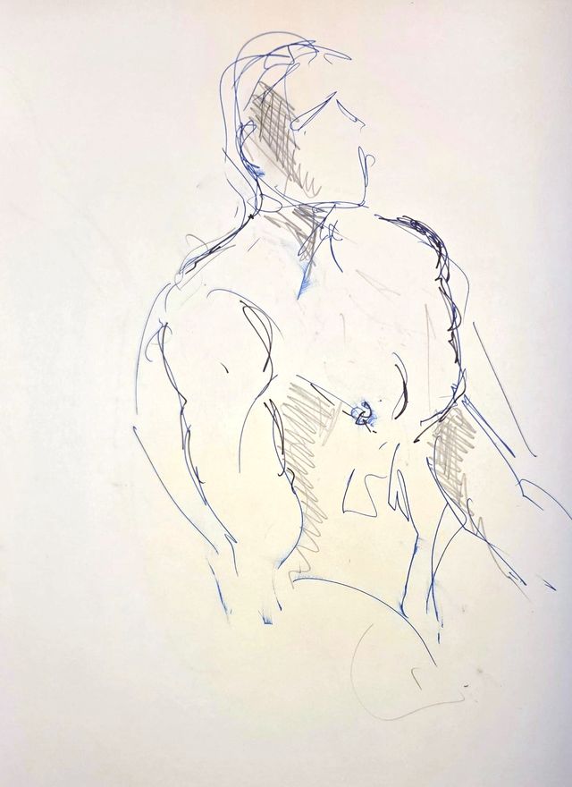 Life drawing of a standing or seated nude male figure, made from life in a sparse ink contour.