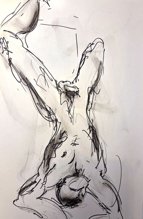 Life drawing of a standing or seated nude male figure, made from life in charcoal and ink.