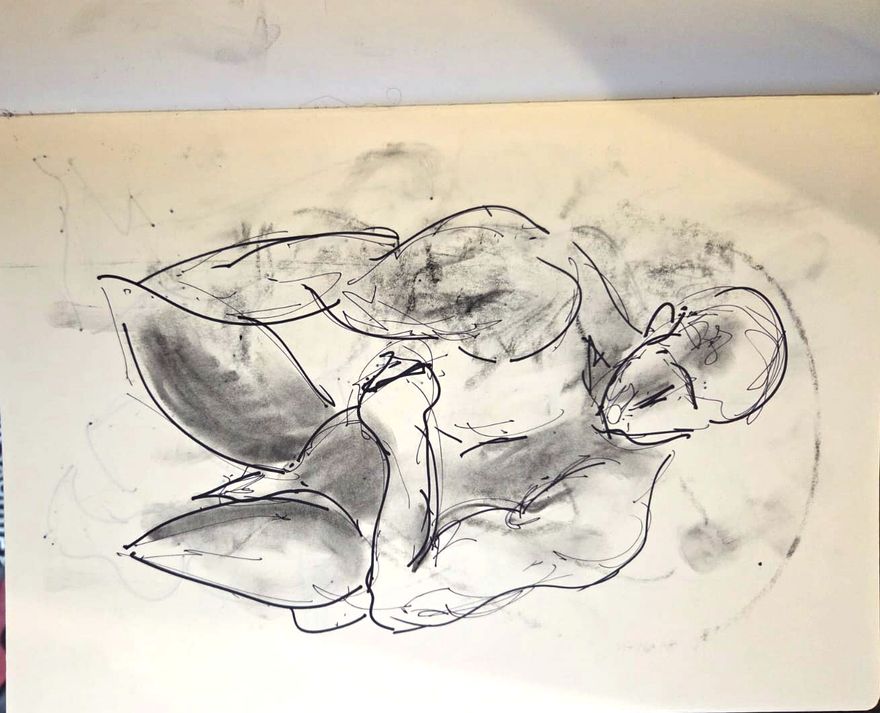 Life drawing of a reclining nude male figure, made from life in ink with pastel and gouache.