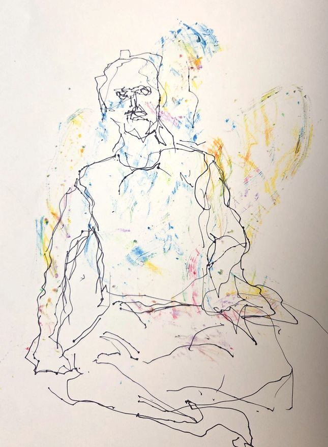 Life drawing of a standing or seated nude male figure, made from life in ink with pastel and gouache.