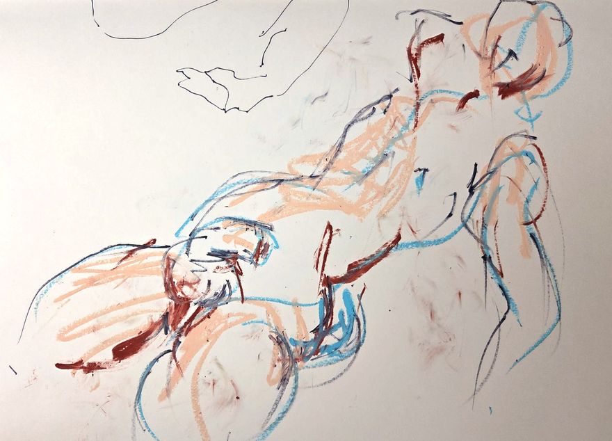 Life drawing of a reclining nude male figure, made from life in ink with pastel and gouache.