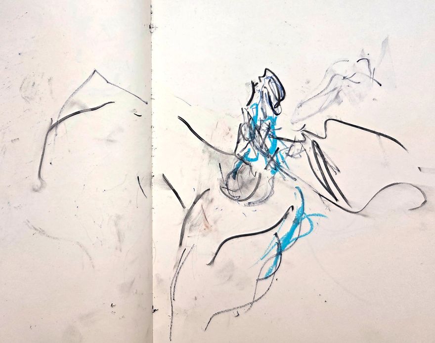 Life drawing of a reclining nude male figure, made from life in ink with pastel and gouache.