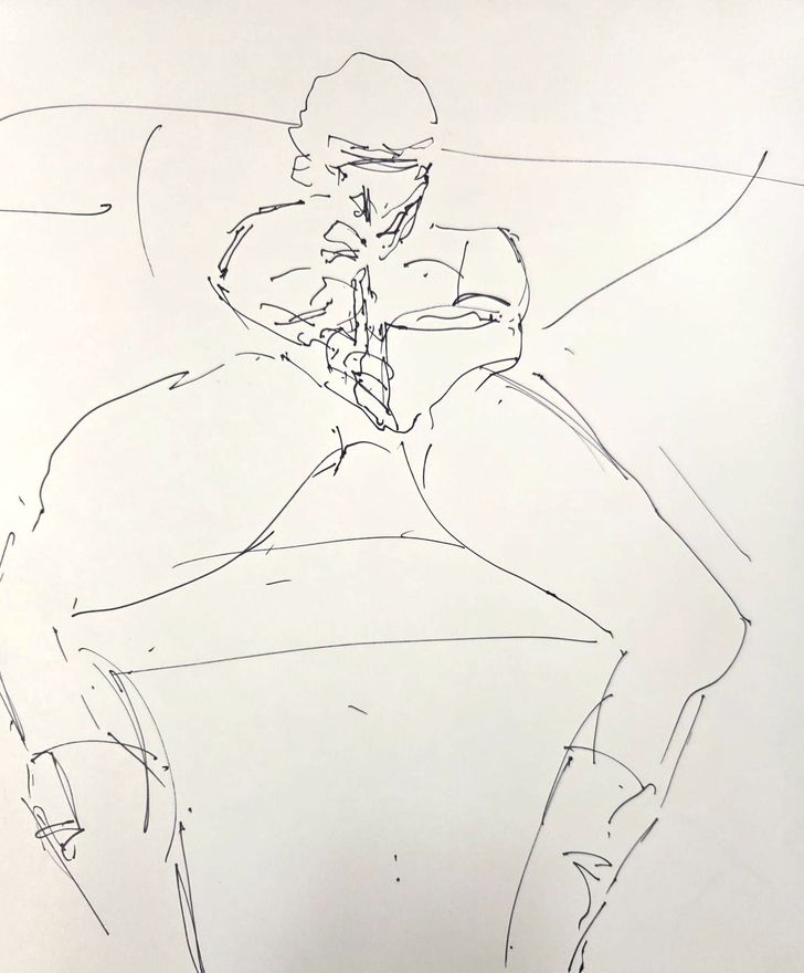 Life drawing of a standing or seated nude male figure, made from life in a sparse ink contour.