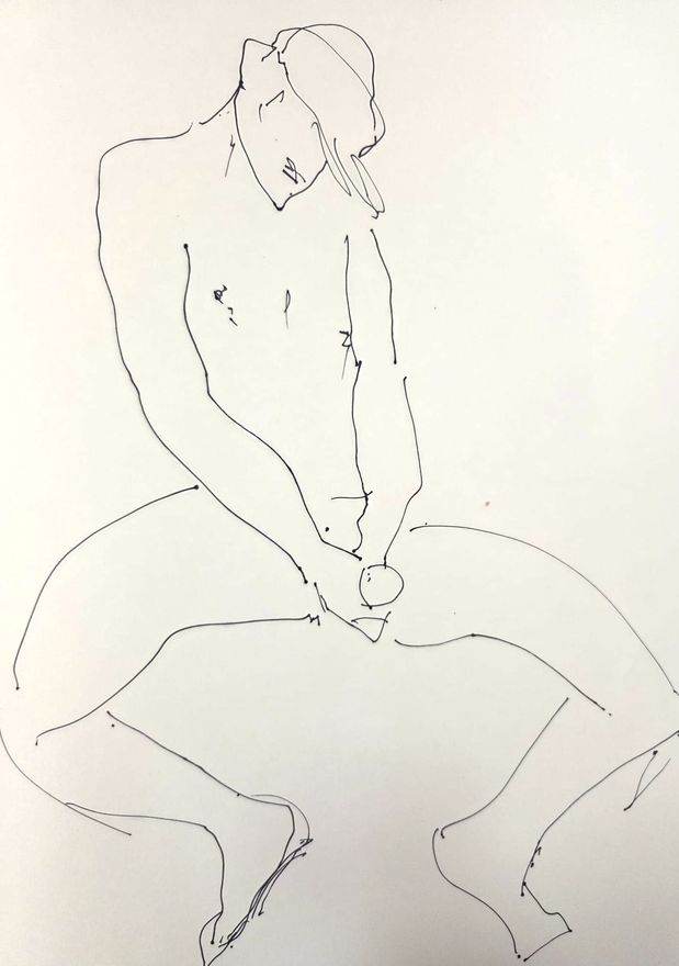 Life drawing of a standing or seated nude male figure, made from life in a sparse ink contour.
