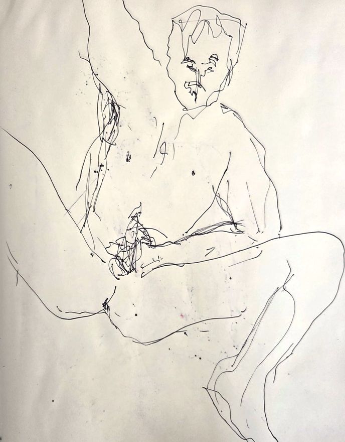 Life drawing of a standing or seated nude male figure, made from life in a sparse ink contour.