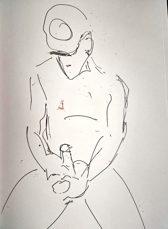 Life drawing of a standing or seated nude male figure, made from life in charcoal and ink.