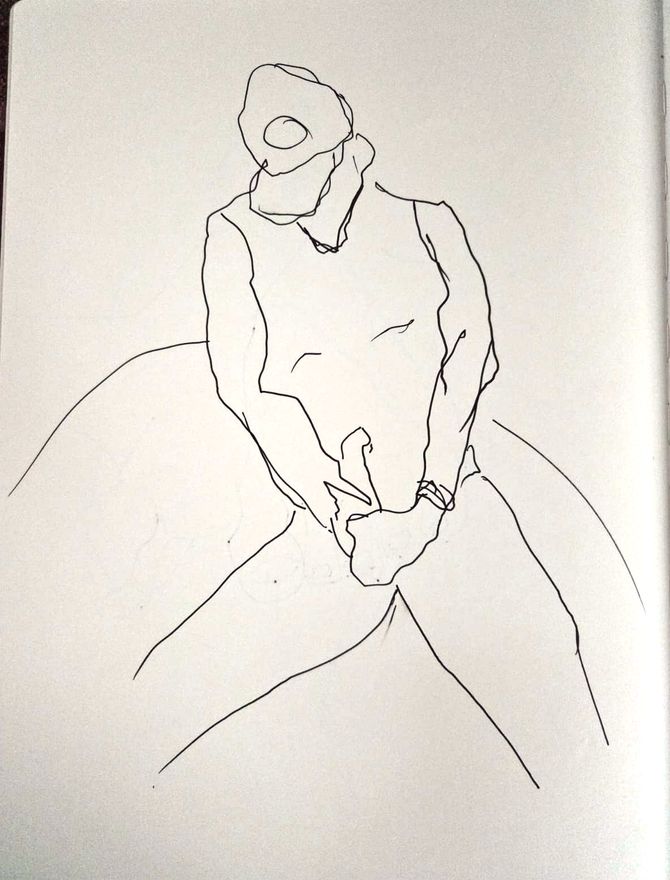 Life drawing of a standing or seated nude male figure, made from life in a sparse ink contour.