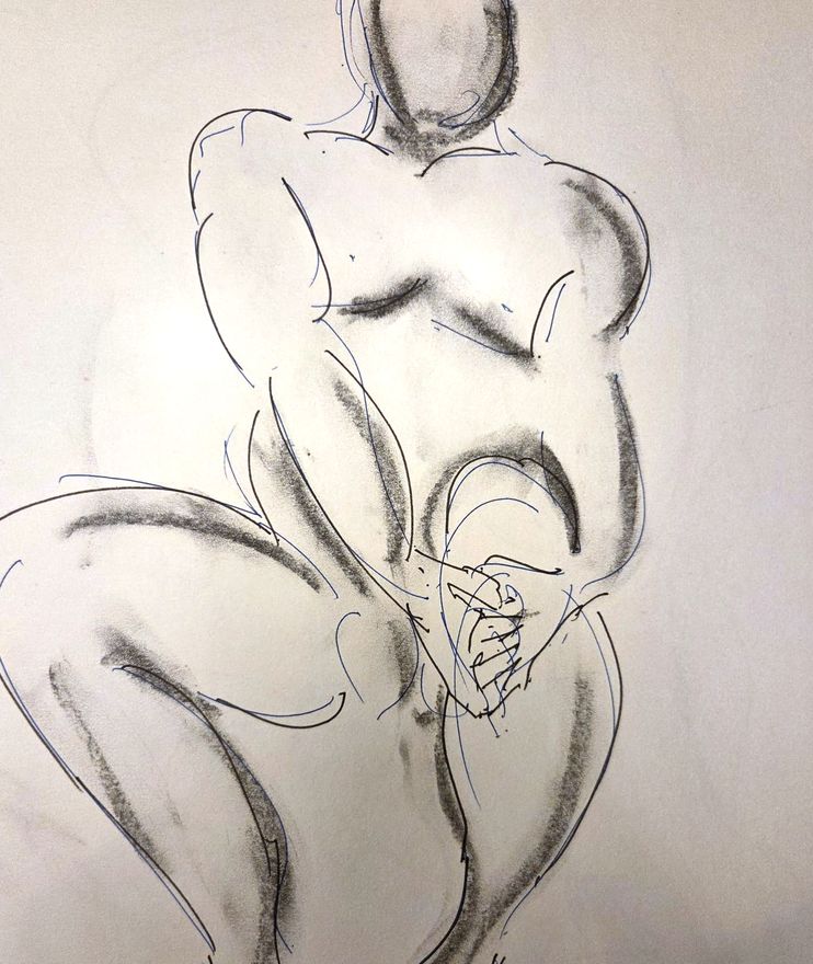 Life drawing of a standing or seated nude male figure, made from life in charcoal and ink.