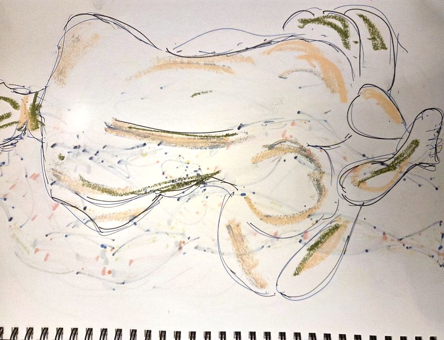 Life drawing of a reclining nude male figure, made from life in ink with pastel and gouache.