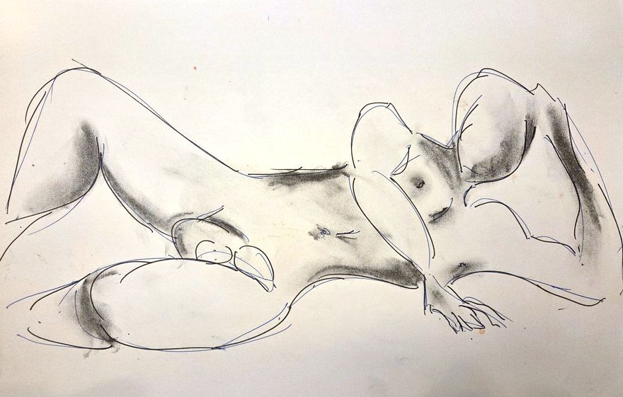 Life drawing of a reclining nude male figure, made from life in charcoal and ink.