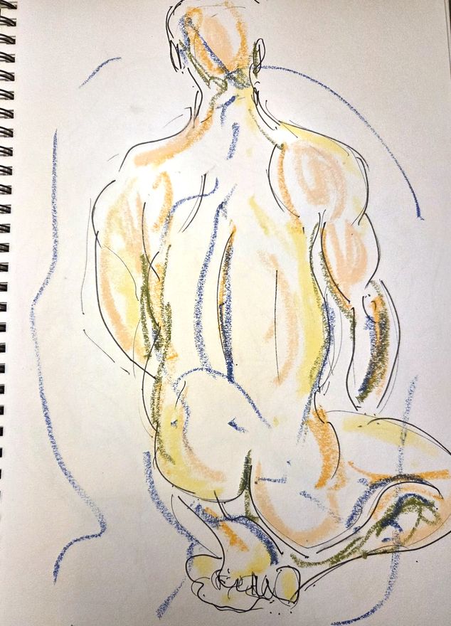 Life drawing of a standing or seated nude male figure, made from life in ink with pastel and gouache.