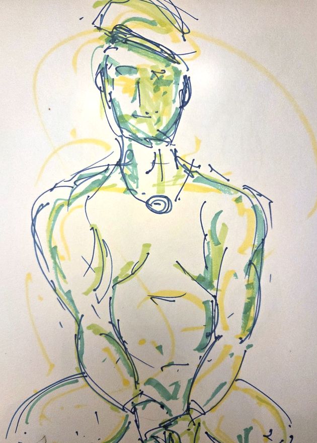Life drawing of a standing or seated nude male figure, made from life in ink with pastel and gouache.