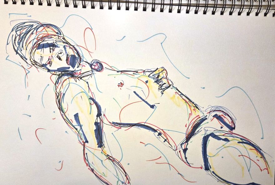 Life drawing of a reclining nude male figure, made from life in ink with pastel and gouache.