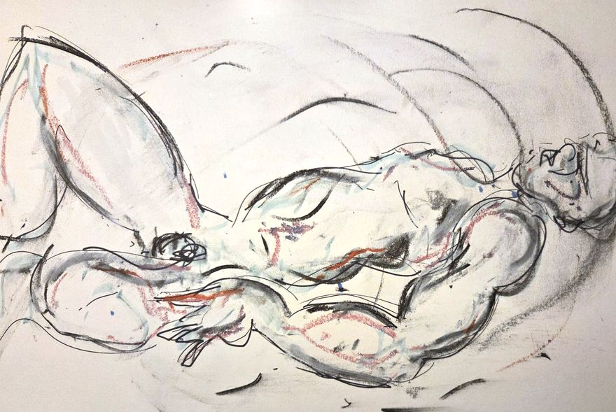 Life drawing of a reclining nude male figure, made from life in charcoal and ink.