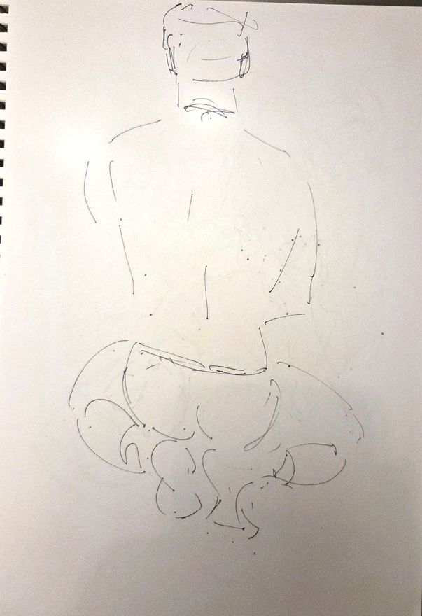 Life drawing of a standing or seated nude male figure, made from life in charcoal and ink.