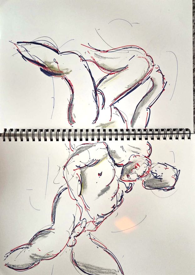 Life drawing of a standing or seated nude male figure, made from life in ink with pastel and gouache.