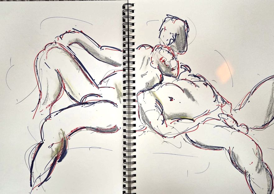 Life drawing of a reclining nude male figure, made from life in ink with pastel and gouache.